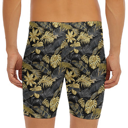 Black And Gold Tropical Pattern Print Men's Long Boxer Briefs