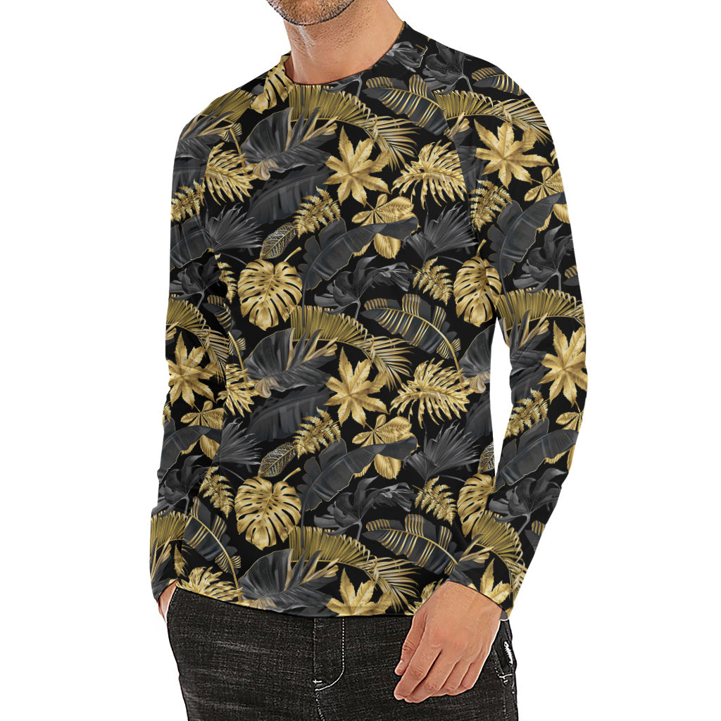 Black And Gold Tropical Pattern Print Men's Long Sleeve Rash Guard