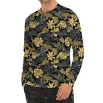 Black And Gold Tropical Pattern Print Men's Long Sleeve Rash Guard