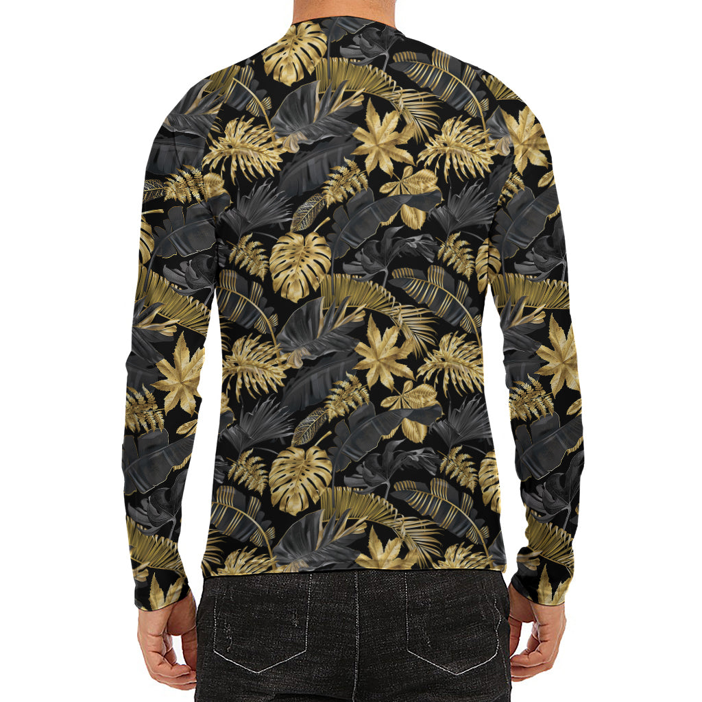 Black And Gold Tropical Pattern Print Men's Long Sleeve Rash Guard