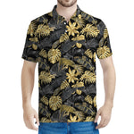Black And Gold Tropical Pattern Print Men's Polo Shirt