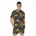 Black And Gold Tropical Pattern Print Men's Romper