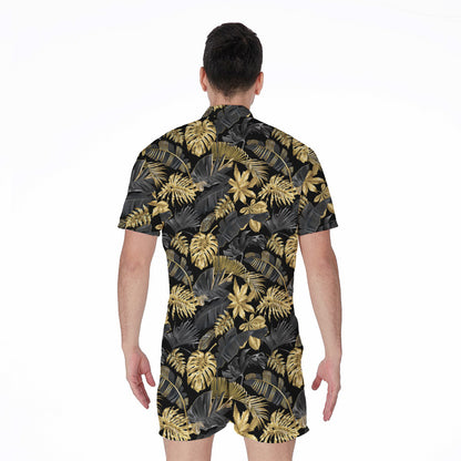 Black And Gold Tropical Pattern Print Men's Rompers
