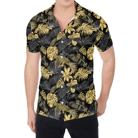 Black And Gold Tropical Pattern Print Men's Shirt