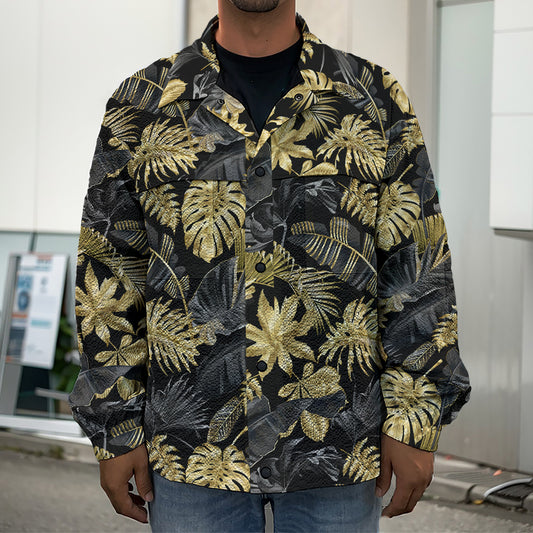 Black And Gold Tropical Pattern Print Men's Shirt Jacket