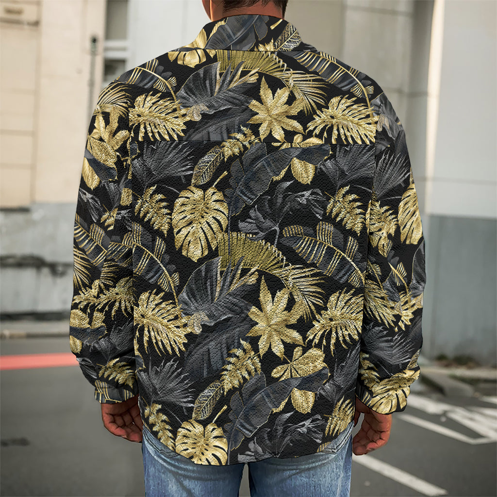 Black And Gold Tropical Pattern Print Men's Shirt Jacket