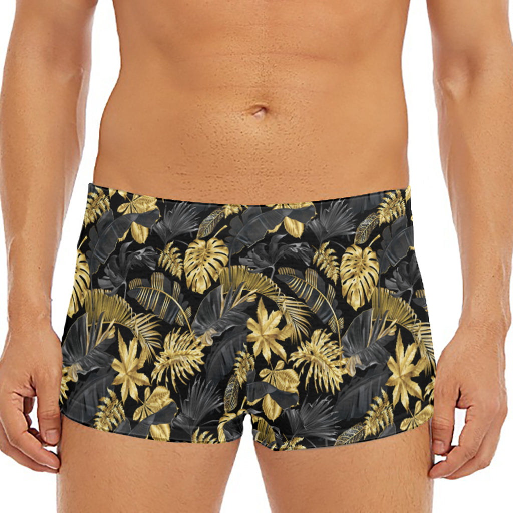 Black And Gold Tropical Pattern Print Men's Short Boxer Briefs