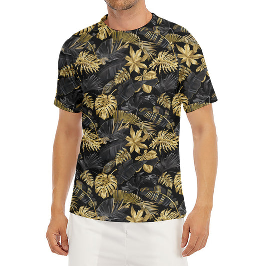 Black And Gold Tropical Pattern Print Men's Short Sleeve Rash Guard