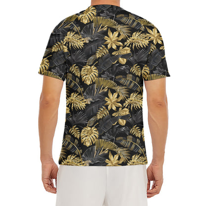 Black And Gold Tropical Pattern Print Men's Short Sleeve Rash Guard