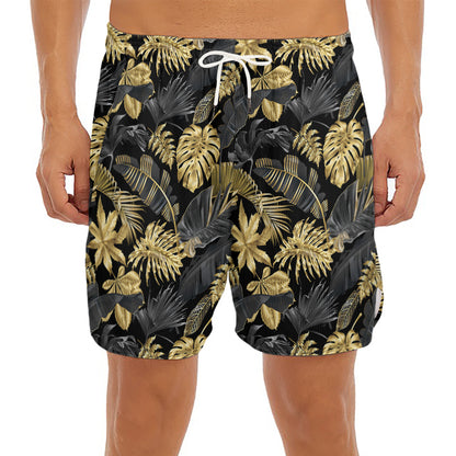 Black And Gold Tropical Pattern Print Men's Split Running Shorts