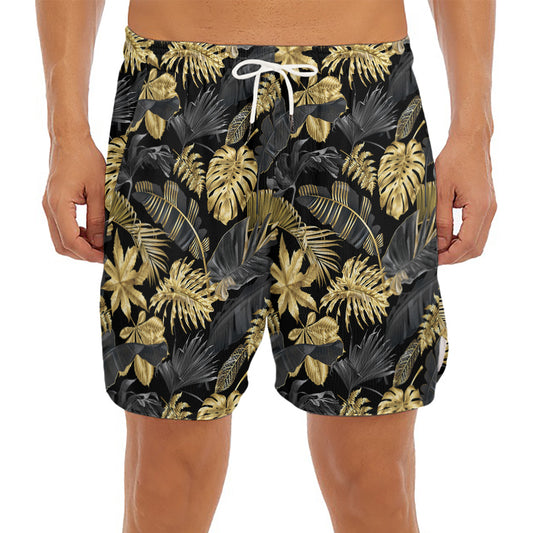 Black And Gold Tropical Pattern Print Men's Split Running Shorts