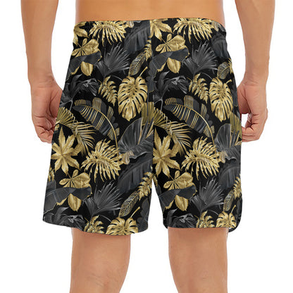 Black And Gold Tropical Pattern Print Men's Split Running Shorts