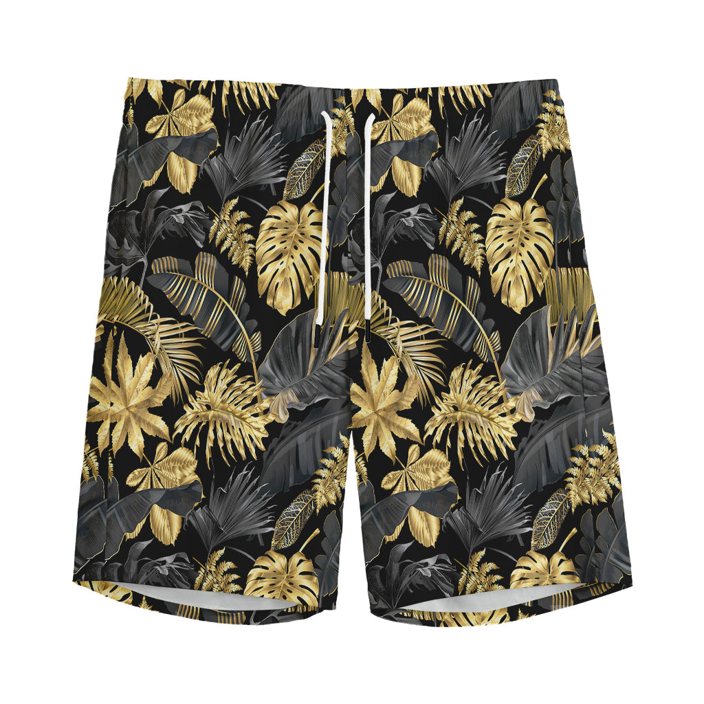 Black And Gold Tropical Pattern Print Men's Sports Shorts