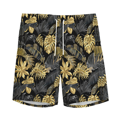 Black And Gold Tropical Pattern Print Men's Sports Shorts