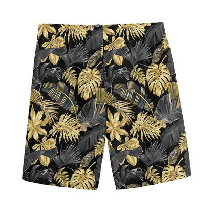 Black And Gold Tropical Pattern Print Men's Sports Shorts