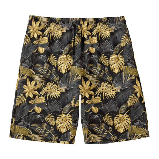 Black And Gold Tropical Pattern Print Men's Swim Trunks