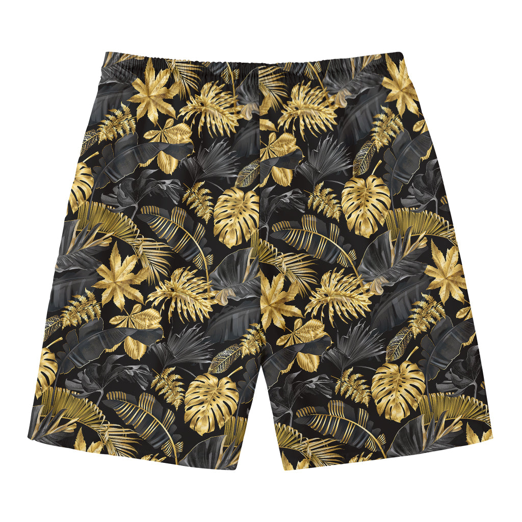 Black And Gold Tropical Pattern Print Men's Swim Trunks