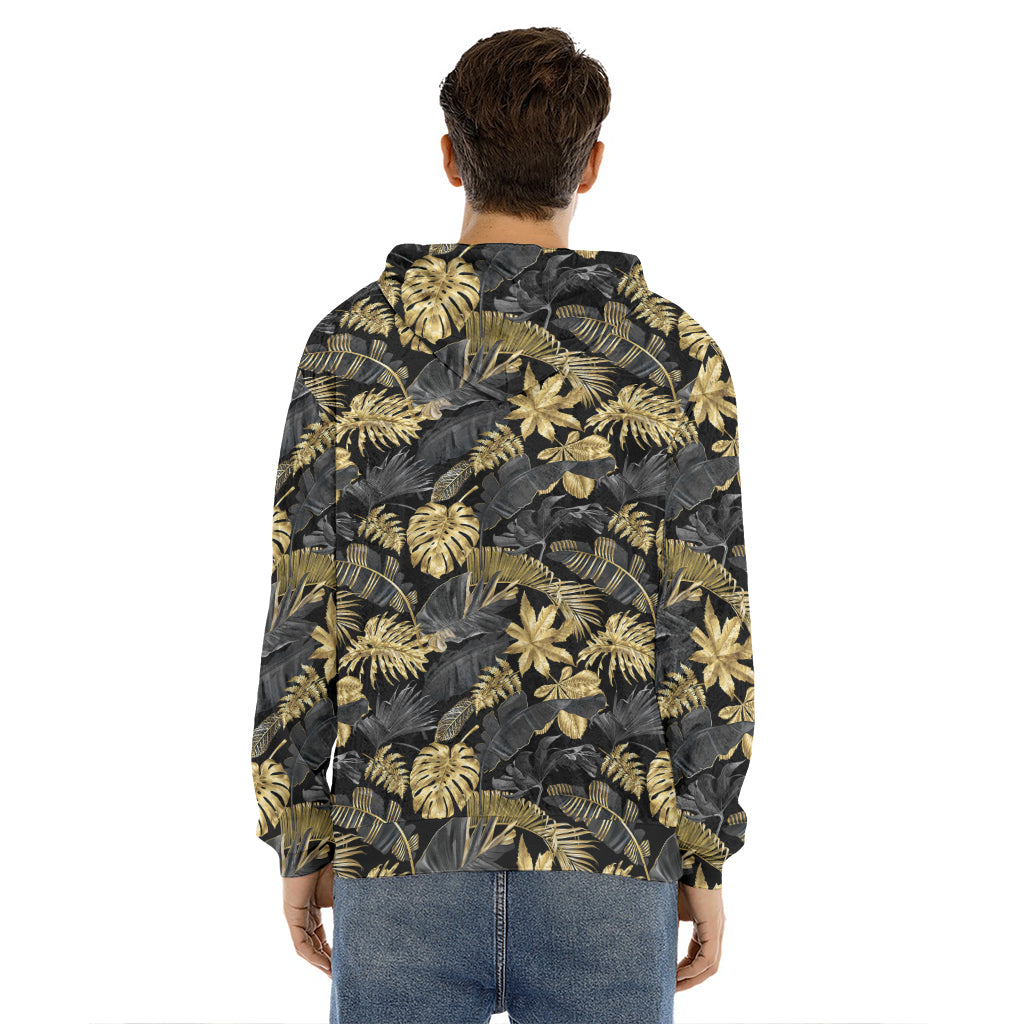 Black And Gold Tropical Pattern Print Men's Velvet Pullover Hoodie