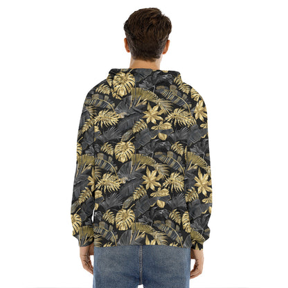 Black And Gold Tropical Pattern Print Men's Velvet Pullover Hoodie