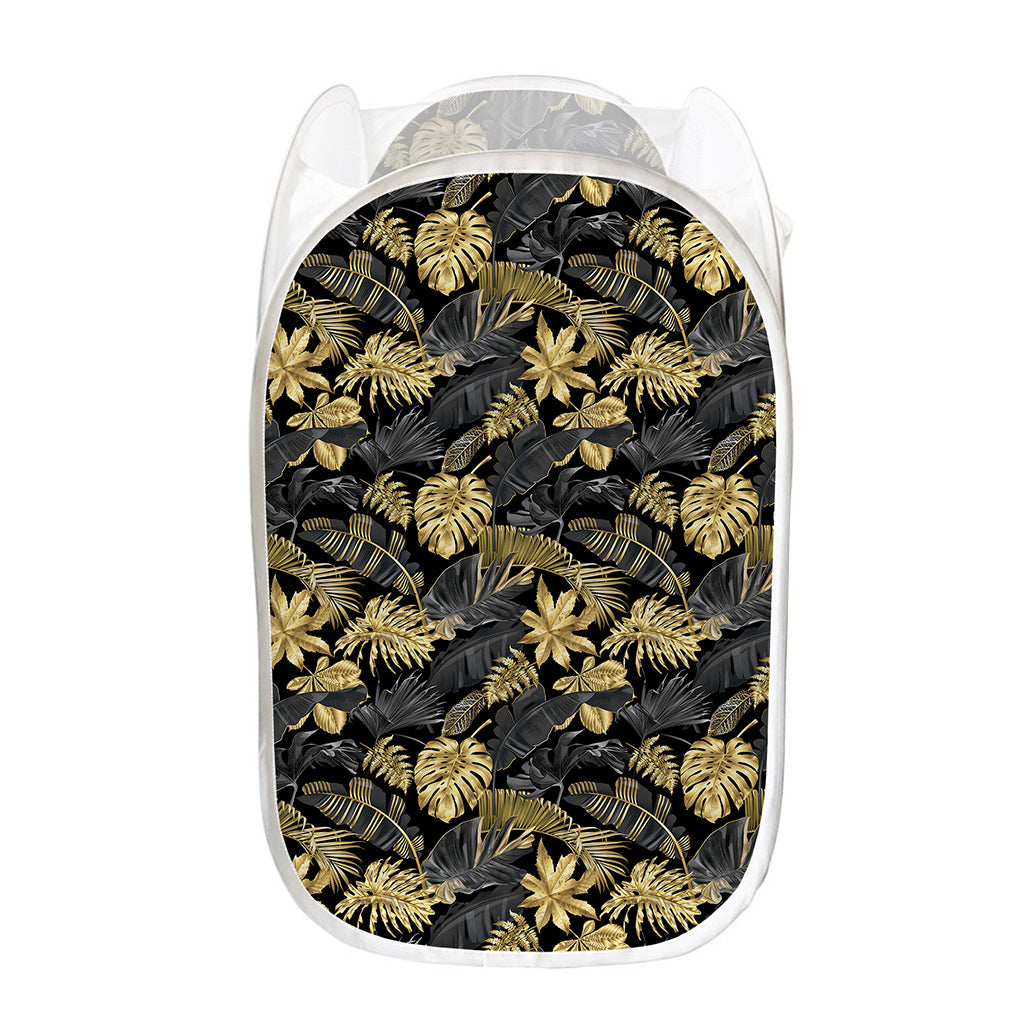 Black And Gold Tropical Pattern Print Mesh Laundry Hamper
