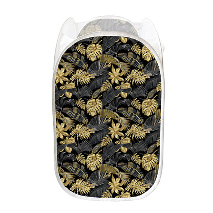 Black And Gold Tropical Pattern Print Mesh Laundry Hamper