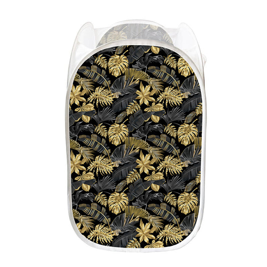 Black And Gold Tropical Pattern Print Mesh Laundry Hamper