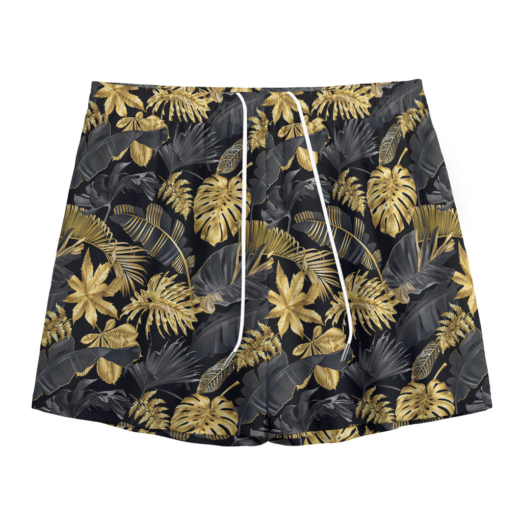 Black And Gold Tropical Pattern Print Mesh Shorts