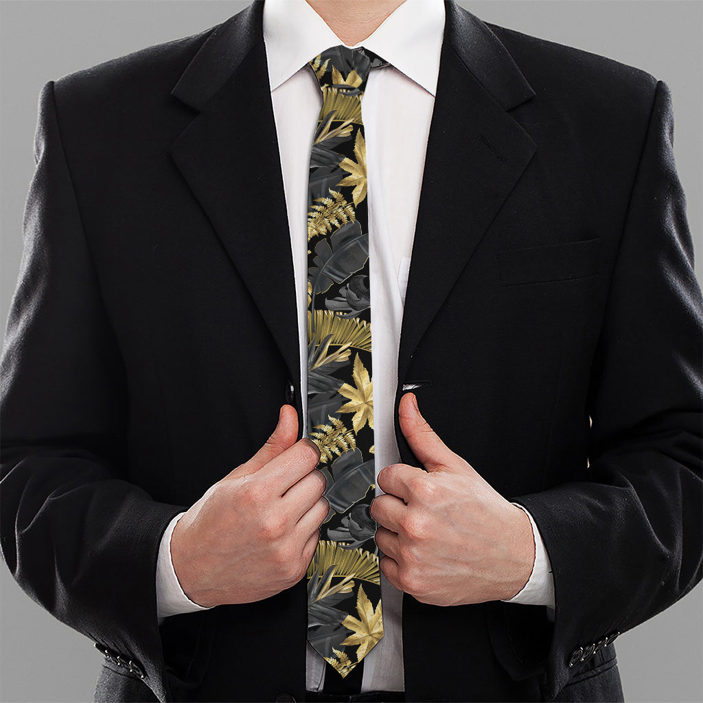 Black And Gold Tropical Pattern Print Necktie