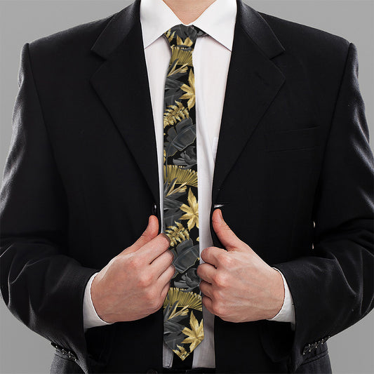 Black And Gold Tropical Pattern Print Necktie