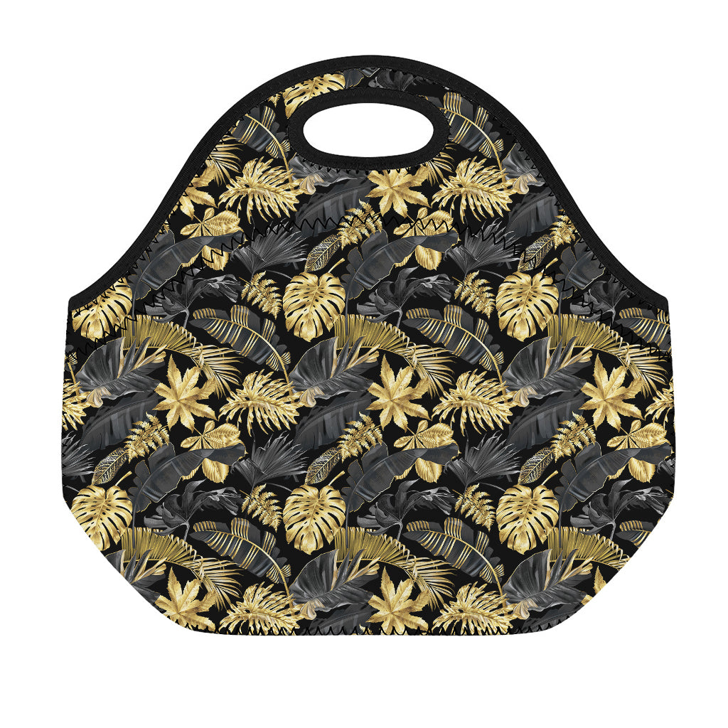 Black And Gold Tropical Pattern Print Neoprene Lunch Bag