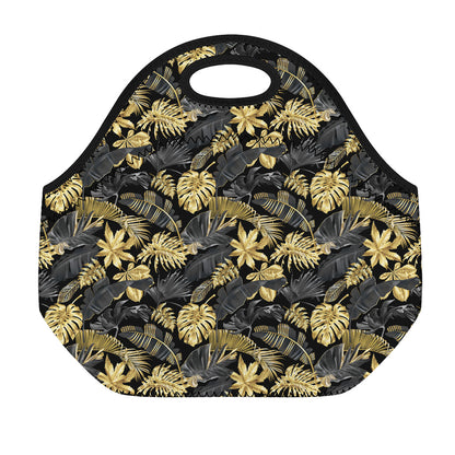 Black And Gold Tropical Pattern Print Neoprene Lunch Bag