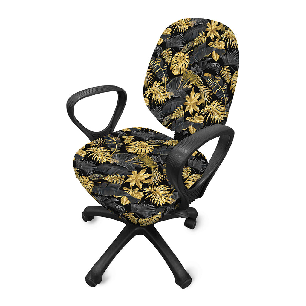 Black And Gold Tropical Pattern Print Office Chair Cover