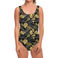Black And Gold Tropical Pattern Print One Piece Swimsuit