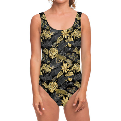 Black And Gold Tropical Pattern Print One Piece Swimsuit