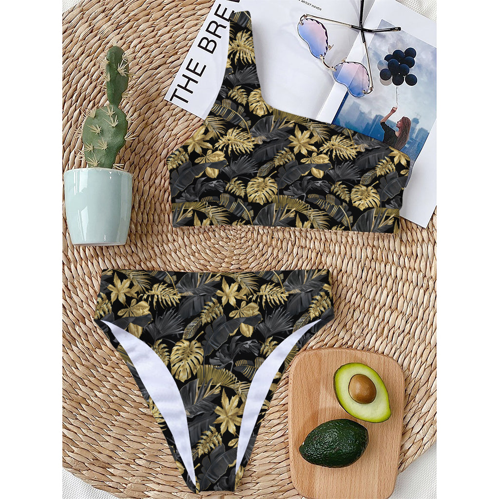 Black And Gold Tropical Pattern Print One Shoulder Bikini Top