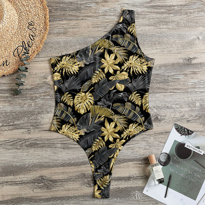 Black And Gold Tropical Pattern Print One Shoulder Bodysuit