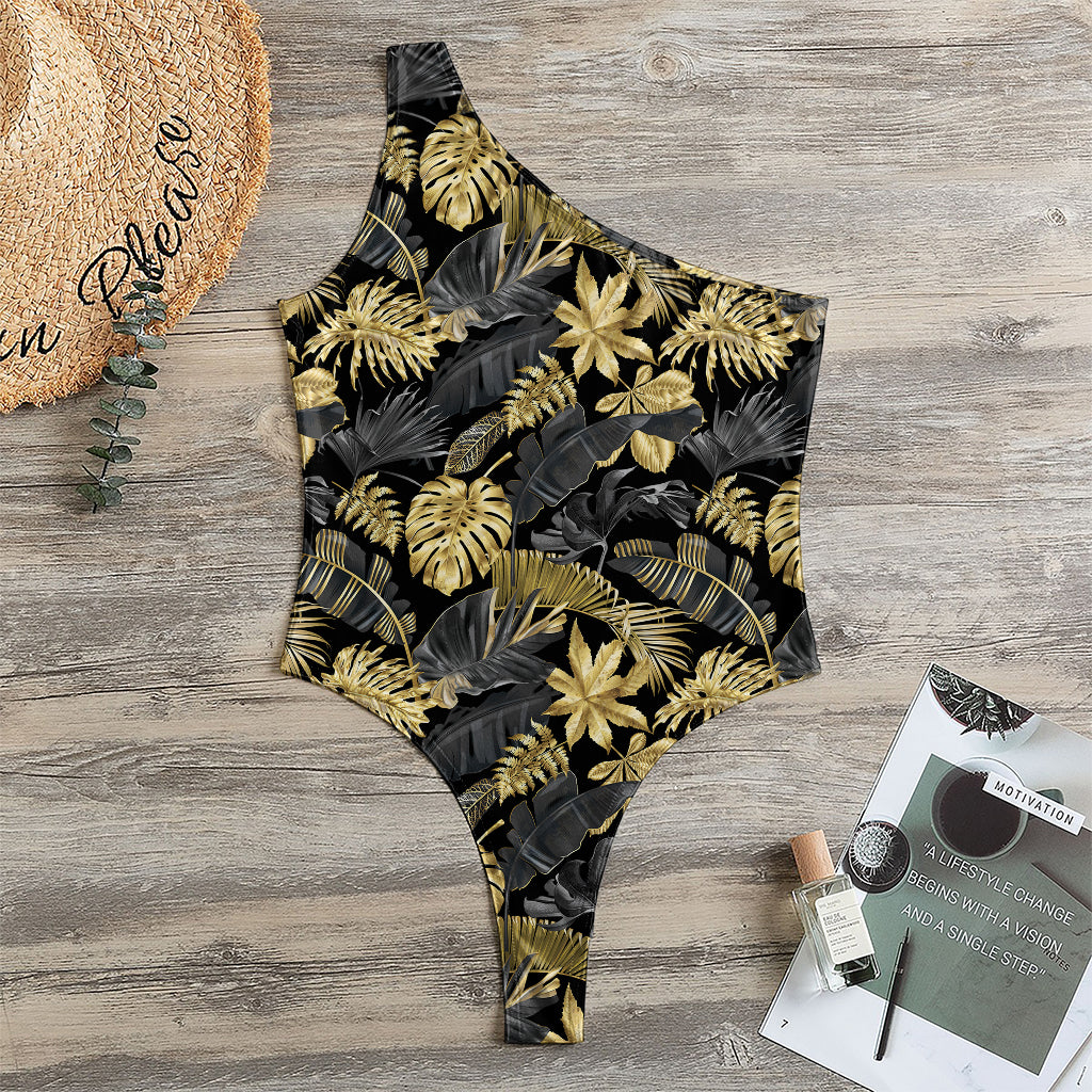 Black And Gold Tropical Pattern Print One Shoulder Bodysuit