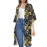 Black And Gold Tropical Pattern Print Open Front Beach Cover Up