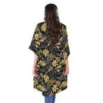 Black And Gold Tropical Pattern Print Open Front Beach Cover Up
