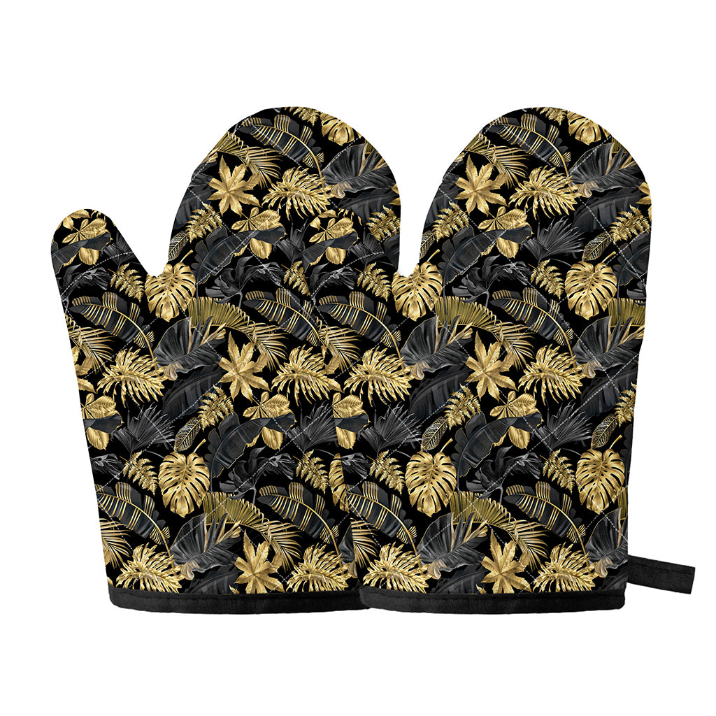 Black And Gold Tropical Pattern Print Oven Mitts