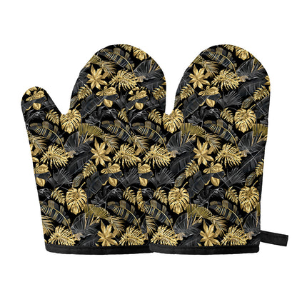 Black And Gold Tropical Pattern Print Oven Mitts