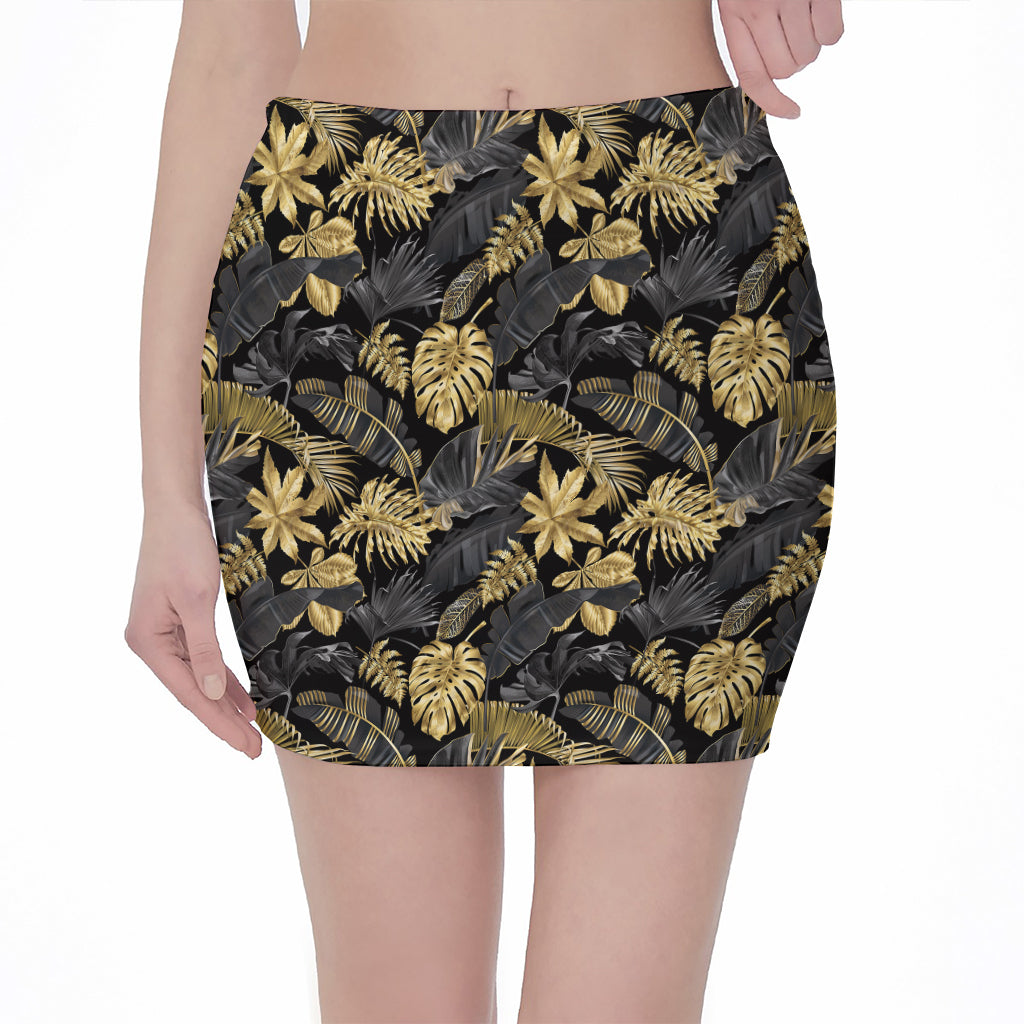 Black And Gold Tropical Pattern Print Pencil Mini Skirt
