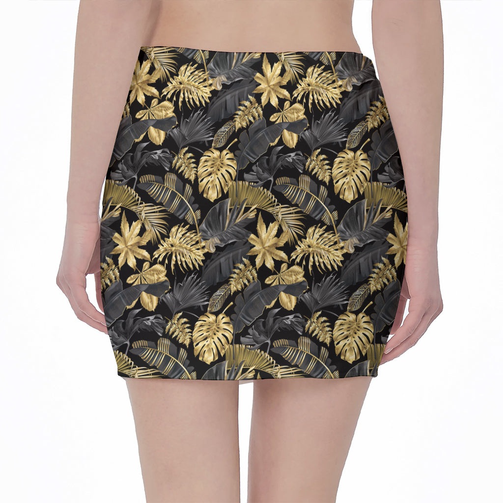 Black And Gold Tropical Pattern Print Pencil Mini Skirt