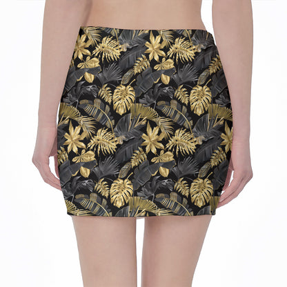 Black And Gold Tropical Pattern Print Pencil Mini Skirt