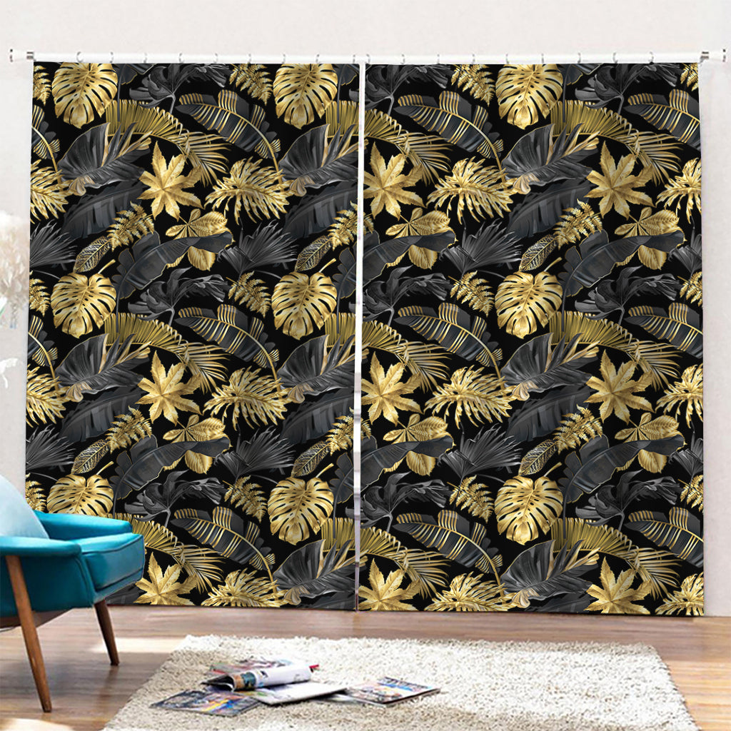 Black And Gold Tropical Pattern Print Pencil Pleat Curtains