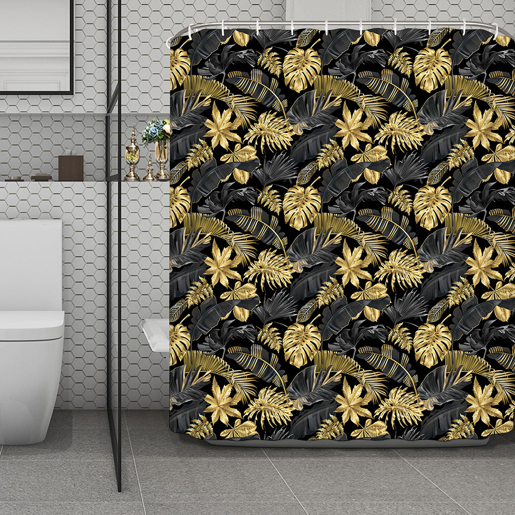 Black And Gold Tropical Pattern Print Polyester Shower Curtain