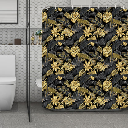 Black And Gold Tropical Pattern Print Polyester Shower Curtain