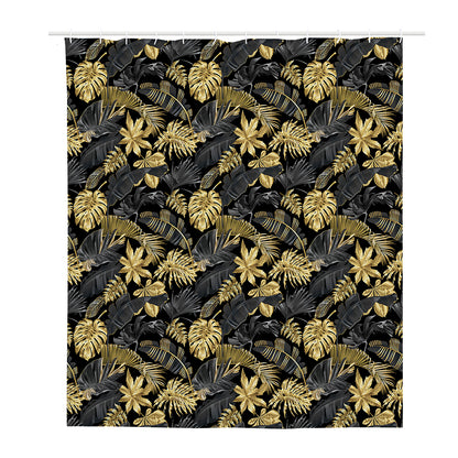 Black And Gold Tropical Pattern Print Polyester Shower Curtain