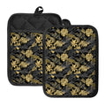 Black And Gold Tropical Pattern Print Pot Holders With Pocket