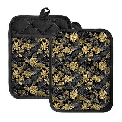 Black And Gold Tropical Pattern Print Pot Holders With Pocket